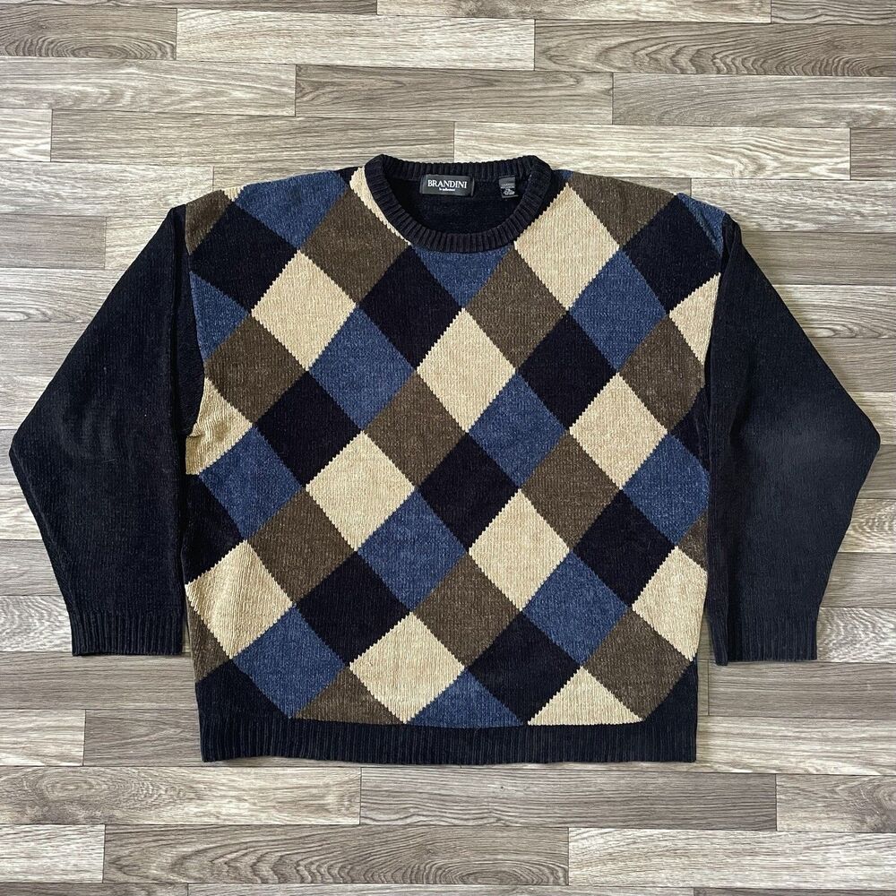 Vintage Brandini Acrylic Knit Sweater Men’s 2XL Black Argyle Geometric 90s